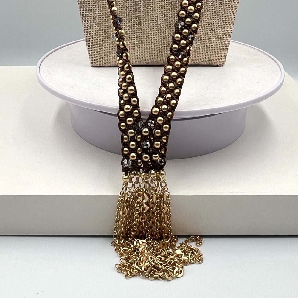 Vintage Chico's Gold Tone Beaded Tassel‎ Necklace Woven Bronze Tone Cord Lariat - Picture 7 of 11